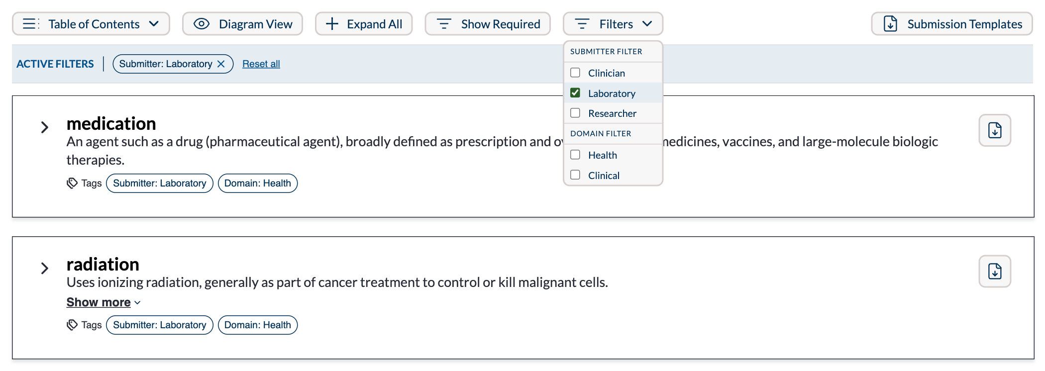 The Filters control open, with one value selected, the selection as a removable pill in the active-filter bar, and the matching schemas carrying their metadata as tags